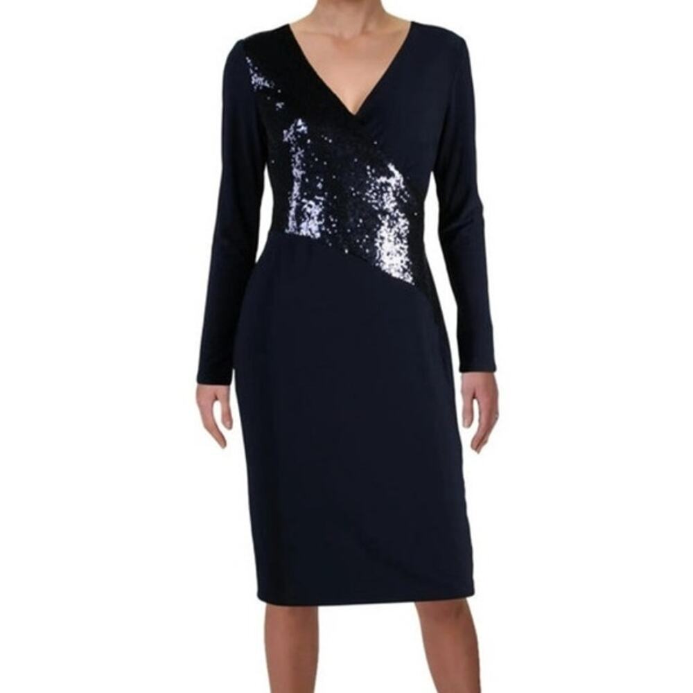 NWT Lauren by Ralph Lauren Women's 4 Navy Blue Jersey‎ Dress Sequin Long Sleeve